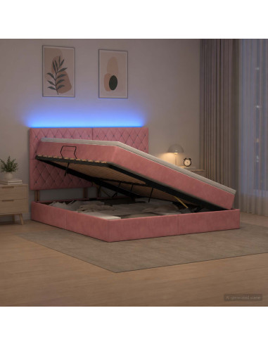 Letto con contenitore LED e materasso Rosa 160 x 200 cm Velluto