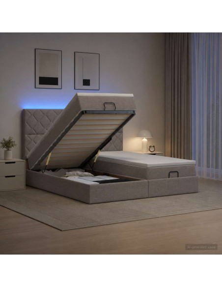 Letto Ottomano con Materasso e LED Tortora 200 x 200 cm Tessuto