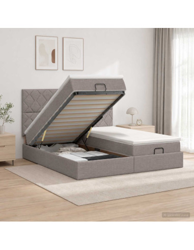 Letto Ottomano con Materasso e LED Tortora 180 x 200 cm Tessuto