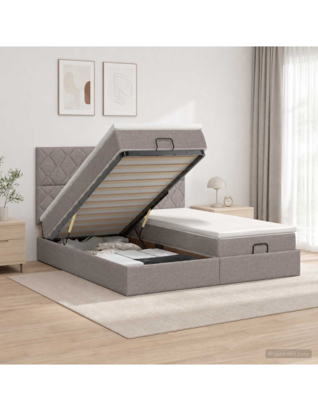 Letto Ottomano con Materasso e LED Tortora 180 x 200 cm Tessuto