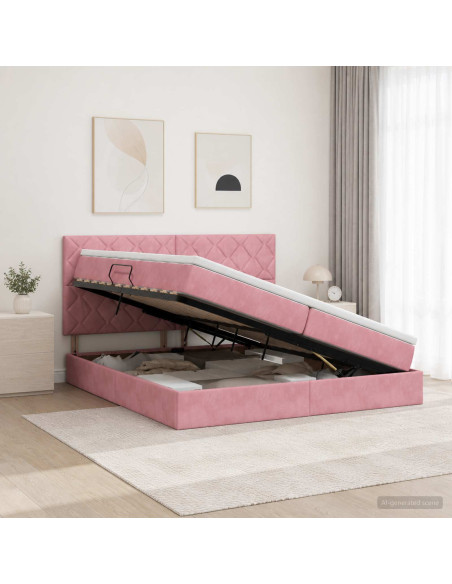 Letto con contenitore e materasso Rosa 200 x 200 cm Velluto