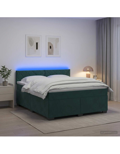 Letto con Box Spring, Materasso e LED Verde Scuro 160 x 200 cm