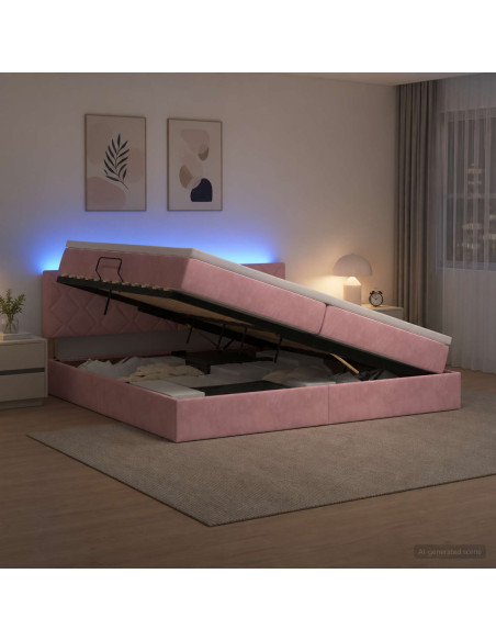 Letto con contenitore LED e materasso Rosa 200 x 200 cm Velluto