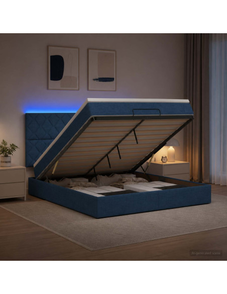 Letto Ottomano con Materasso e LED Blu 180 x 200 cm Tessuto