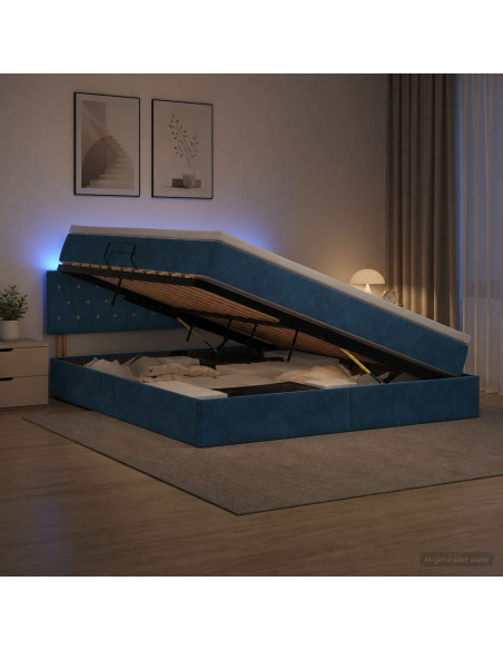 Letto con contenitore LED e materasso Blu Scuro 160 x 200 cm