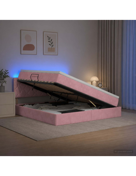 Letto con contenitore LED e materasso Rosa 140 x 200 cm Velluto