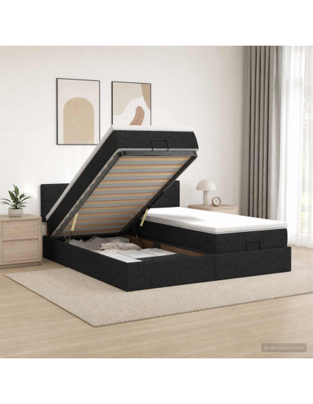 Letto Ottomano con Materasso e LED Nero 200 x 200 cm Tessuto