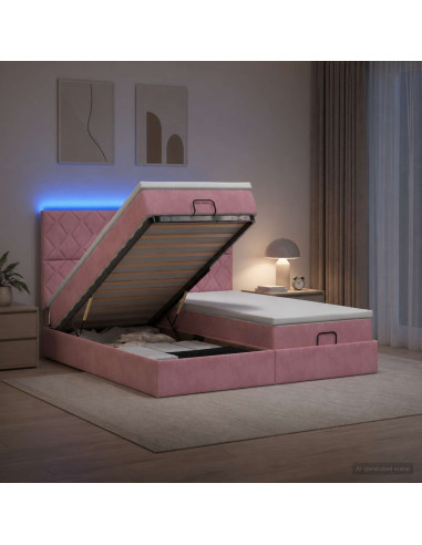 Letto Ottomano con Materasso e LED Rosa 200 x 200 cm Velluto