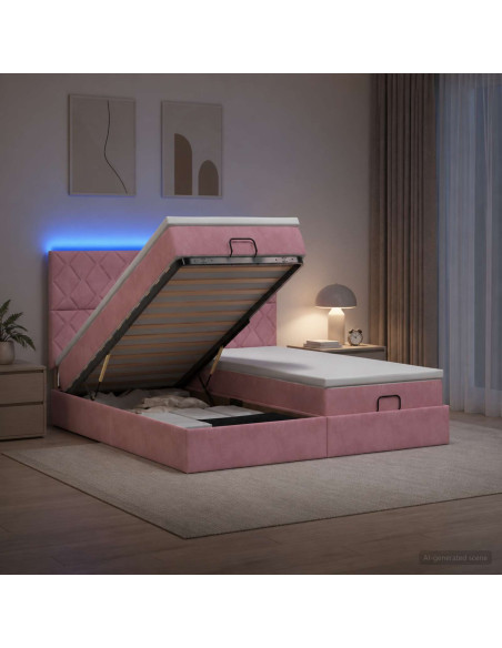 Letto Ottomano con Materasso e LED Rosa 200 x 200 cm Velluto