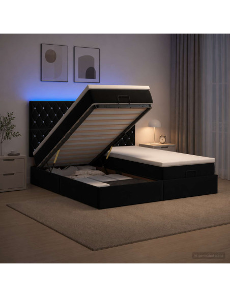 Letto Ottomano con Materasso e LED Nero 160 x 200 cm Velluto