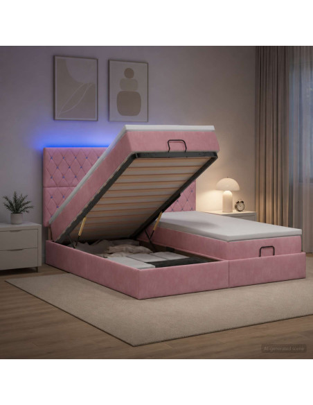 Letto Ottomano con Materasso e LED Rosa 160 x 200 cm Velluto