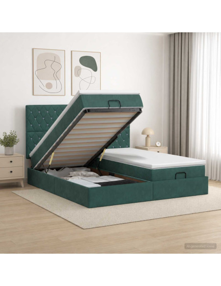 Letto Ottomano con Materasso e LED Verde Scuro 180 x 200 cm