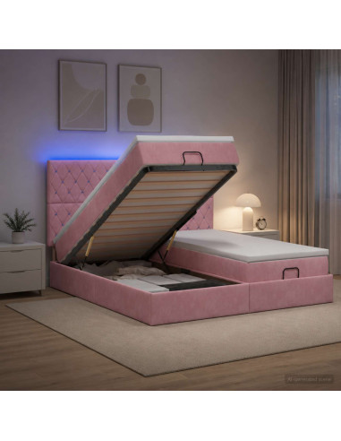 Letto Ottomano con Materasso e LED Rosa 180 x 200 cm Velluto