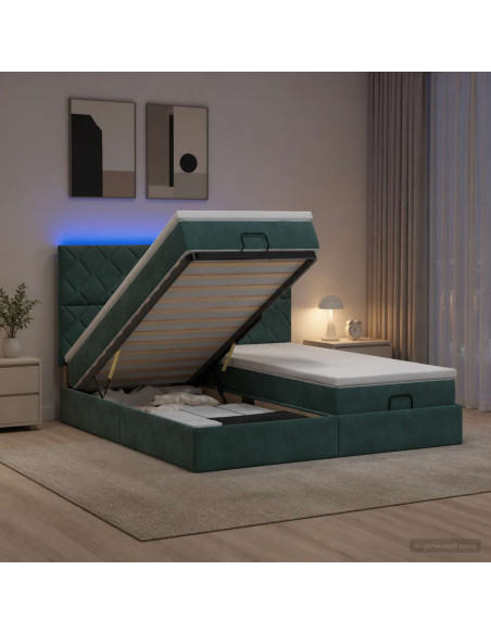 Letto Ottomano con Materasso e LED Verde Scuro 160 x 200 cm