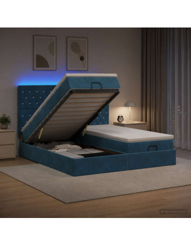 Letto Ottomano con Materasso e LED Blu scuro 160 x 200 cm