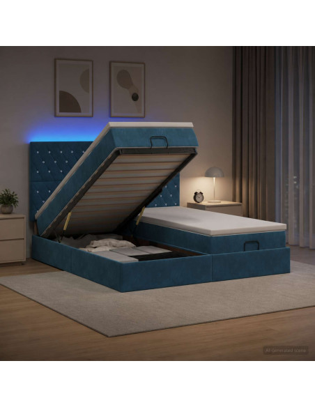 Letto Ottomano con Materasso e LED Blu scuro 160 x 200 cm