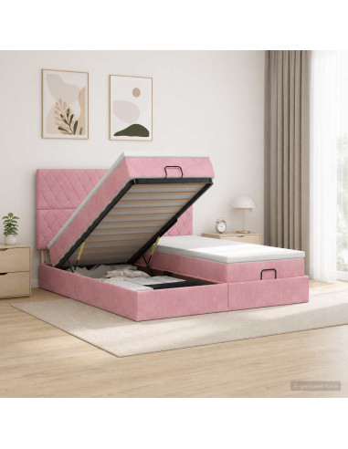 Letto Ottomano con Materasso e LED Rosa 160 x 200 cm Velluto