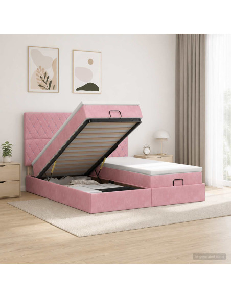 Letto Ottomano con Materasso e LED Rosa 160 x 200 cm Velluto