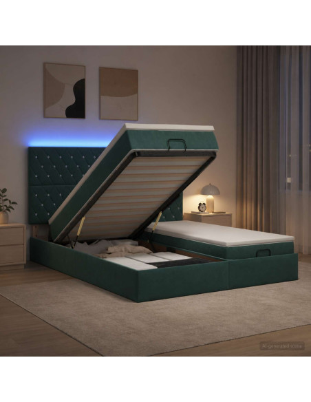 Letto Ottomano con Materasso e LED Verde Scuro 180 x 200 cm