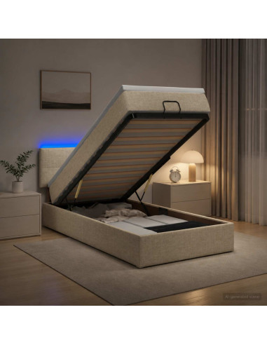 Letto Ottomano con Materasso e LED Crema 90 x 190 cm Tessuto