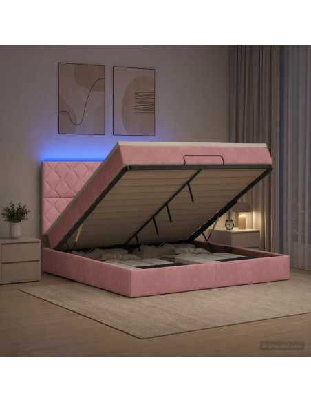 Letto Ottomano con Materasso e LED Rosa 160 x 200 cm Velluto