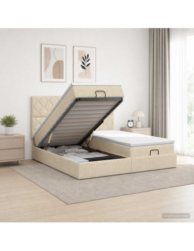 Letto Ottomano con Materasso e LED Crema 180 x 200 cm Tessuto