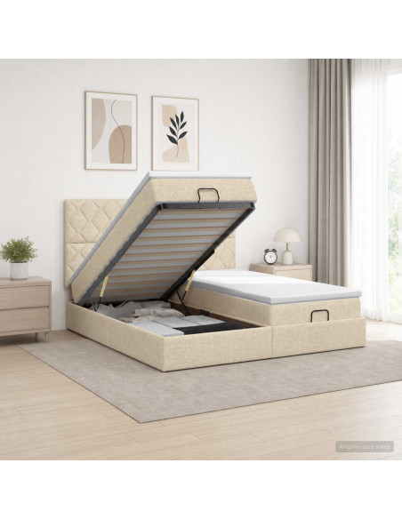 Letto Ottomano con Materasso e LED Crema 180 x 200 cm Tessuto