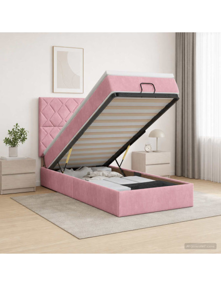 Letto Ottomano con Materasso e LED Rosa 100 x 200 cm Velluto