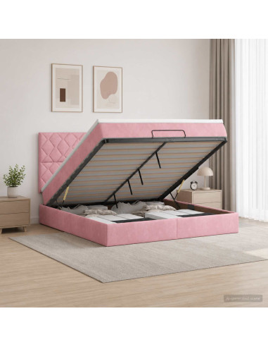 Letto Ottomano con Materasso e LED Rosa 160 x 200 cm Velluto
