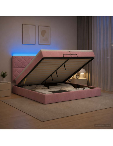 Letto Ottomano con Materasso e LED Rosa 200 x 200 cm Velluto