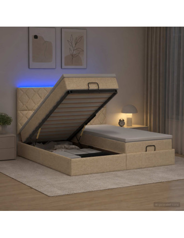 Letto Ottomano con Materasso e LED Crema 180 x 200 cm Tessuto