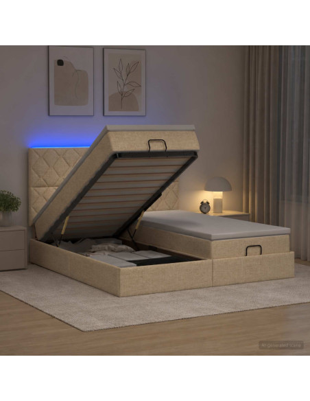 Letto Ottomano con Materasso e LED Crema 180 x 200 cm Tessuto