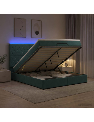 Letto Ottomano con Materasso e LED Verde Scuro 180 x 200 cm
