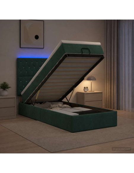 Letto Ottomano con Materasso e LED Verde Scuro 90 x 200 cm
