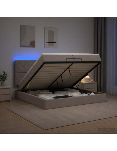 Letto Ottomano con Materasso e LED Tortora 200 x 200 cm Tessuto