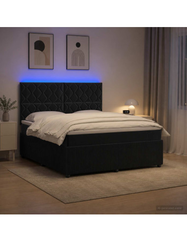 Letto Box Spring LED con Materasso Nero 160 x 200 cm Velluto
