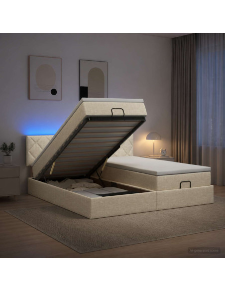 Letto Ottomano con Materasso e LED Crema 180 x 200 cm Tessuto