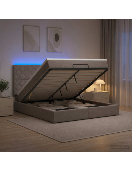 Letto Ottomano con Materasso e LED Tortora 180 x 200 cm Tessuto