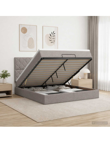 Letto Ottomano con Materasso e LED Tortora 180 x 200 cm Tessuto