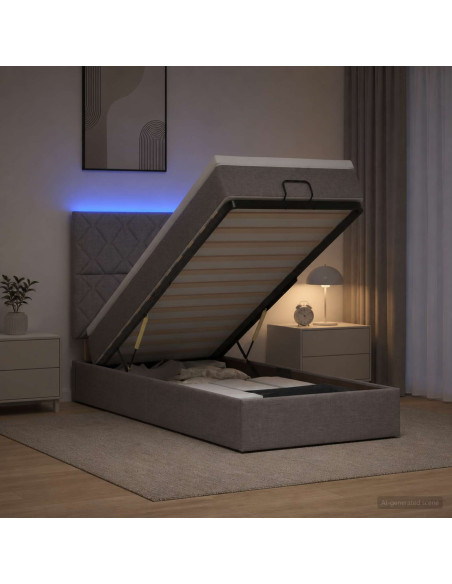 Letto Ottomano con Materasso e LED Tortora 90 x 200 cm Tessuto