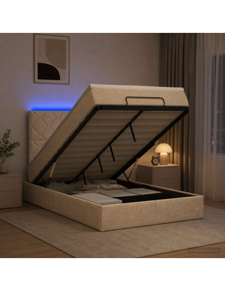 Letto Ottomano con Materasso e LED Crema 120 x 190 cm Tessuto