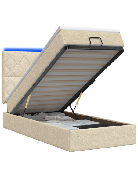 Letto Ottomano con Materasso e LED Crema 90 x 200 cm Tessuto