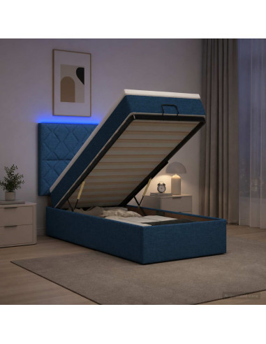 Letto Ottomano con Materasso e LED Blu 90 x 200 cm Tessuto