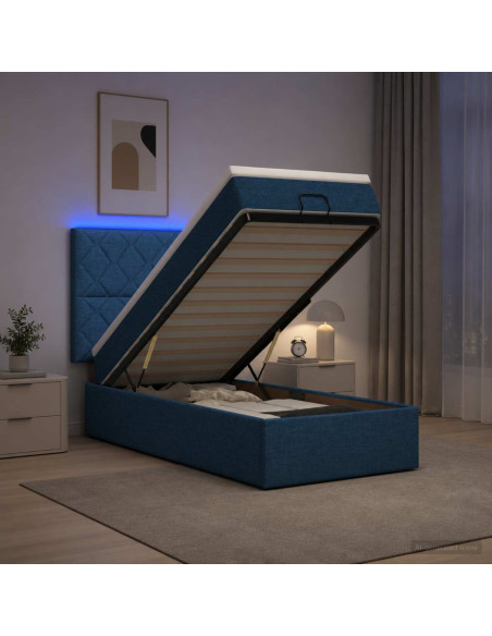 Letto Ottomano con Materasso e LED Blu 90 x 200 cm Tessuto