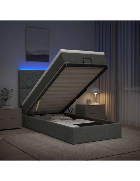 Letto Ottomano con Materasso e LED Grigio Scuro 100 x 200 cm