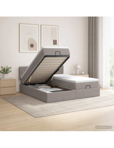 Letto Ottomano con Materasso e LED Tortora 180 x 200 cm Tessuto