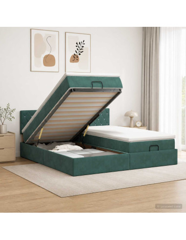 Letto Ottomano con Materasso e LED Verde Scuro 180 x 200 cm