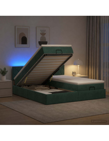 Letto Ottomano con Materasso e LED Verde Scuro 160 x 200 cm
