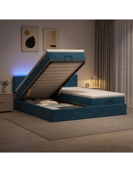 Letto Ottomano con Materasso e LED Blu scuro 160 x 200 cm