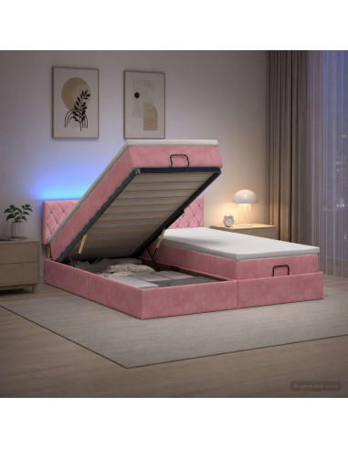 Letto Ottomano con Materasso e LED Rosa 160 x 200 cm Velluto